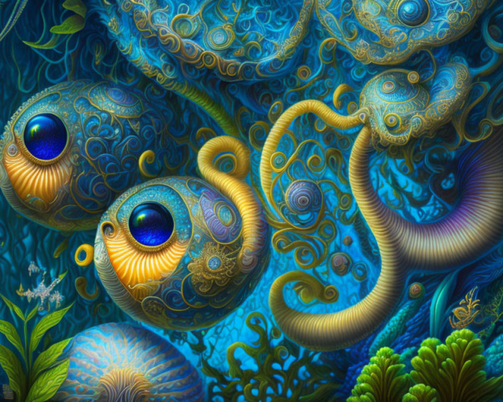 Colorful Surreal Sea Creature Art in Ornate Underwater Scene