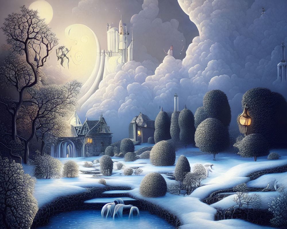 Snow-covered winter landscape with castle, trees, river, and lanterns at night