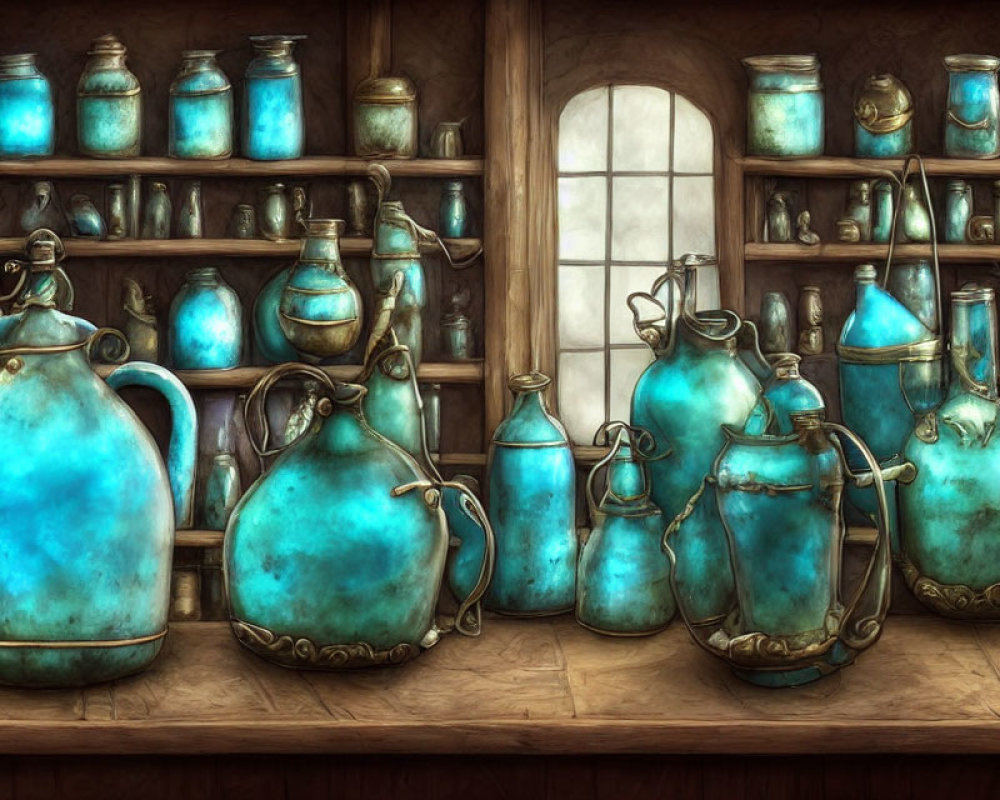 Rustic Blue Ceramic Jugs with Metal Accents on Wooden Shelves