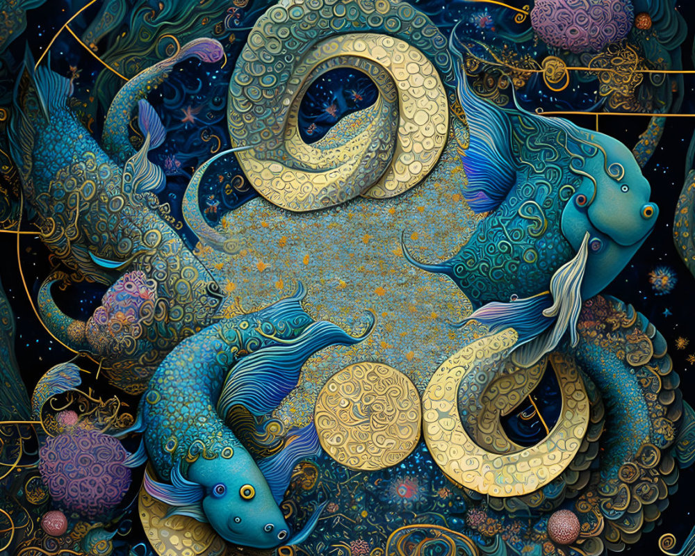 Stylized blue fish with patterned scales and celestial objects on dark starry background