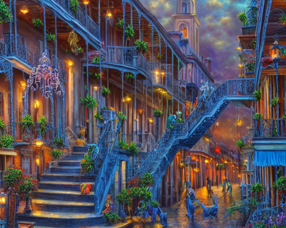 Colorful Twilight Street Scene with Illuminated Buildings and Staircase