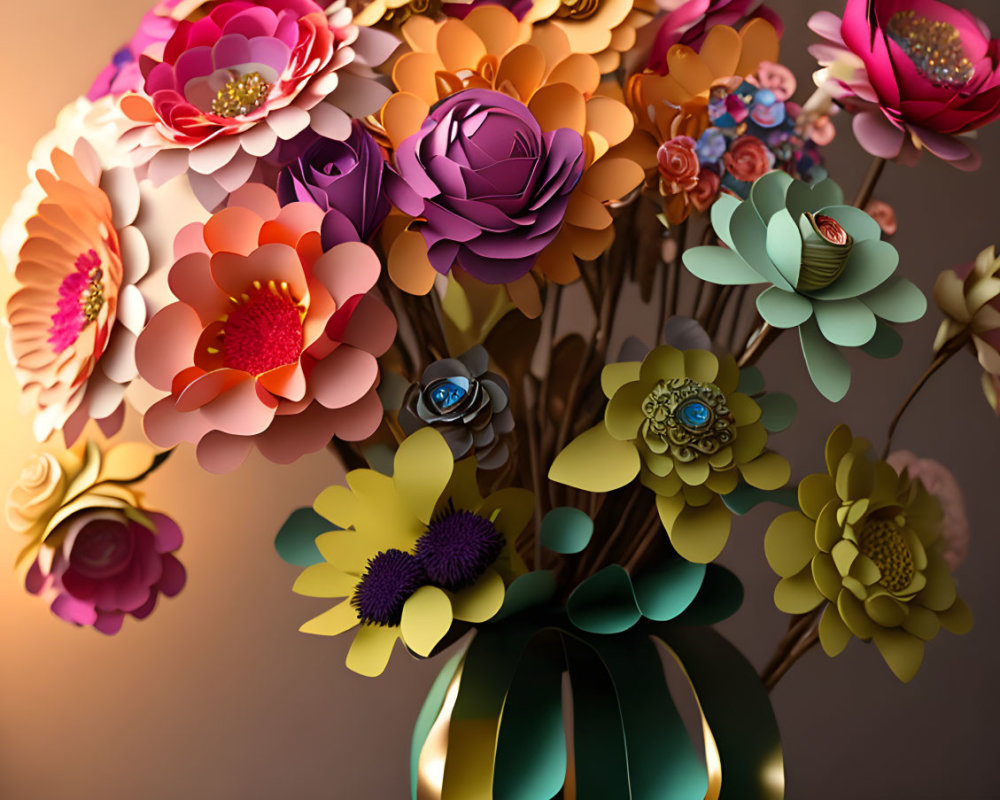 Colorful Paper Flower Bouquet on Shaded Background