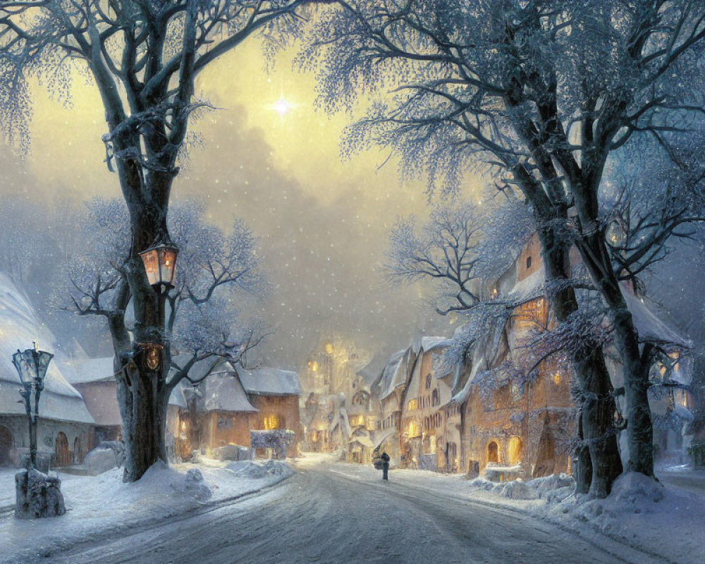 Snowy village at dusk: street lamps, trees, solitary figure