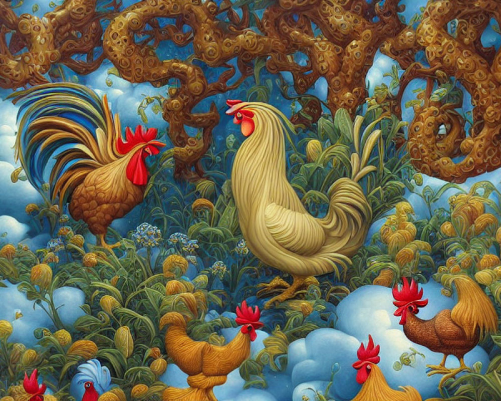 Colorful chickens and roosters in whimsical tree scene with intricate branches.