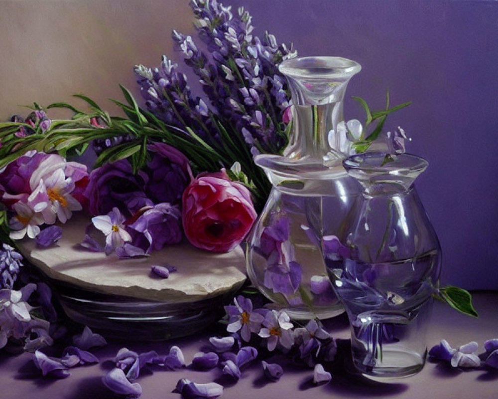 Classic still-life painting with glass decanter, rose, lavender, and petals on table