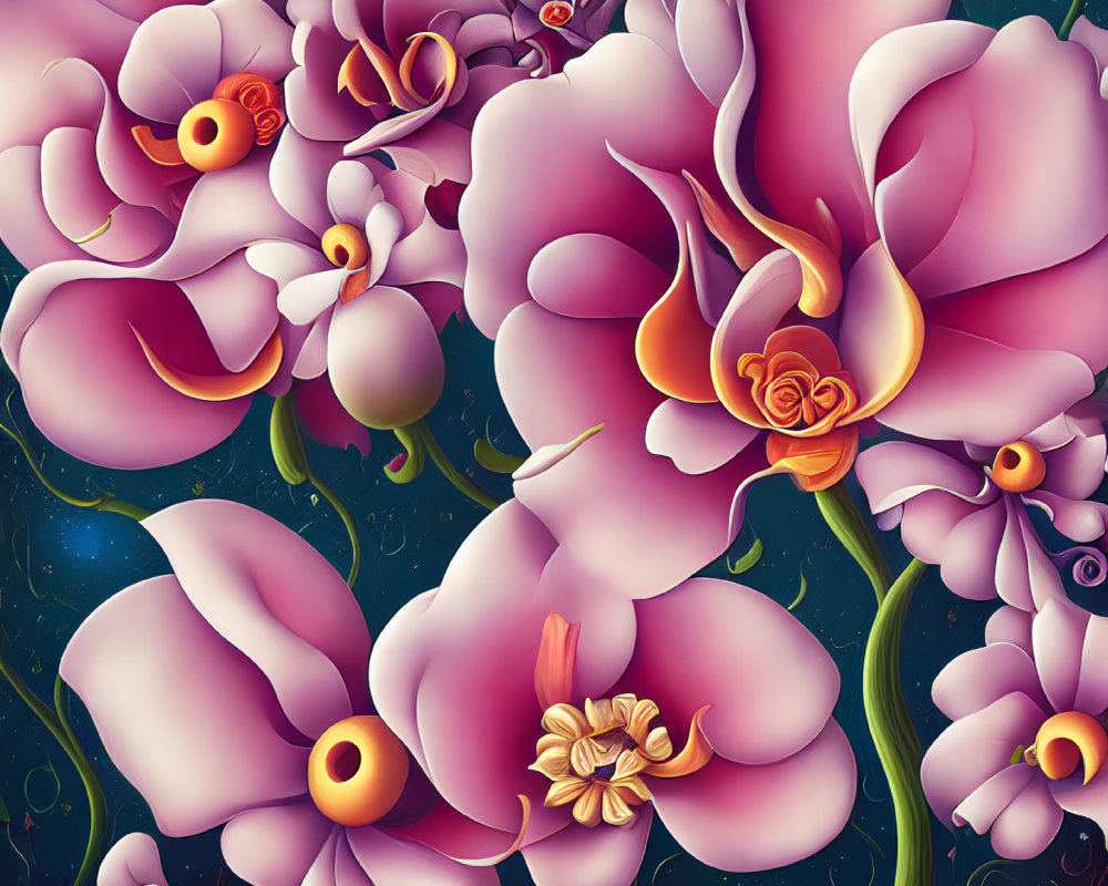 Colorful digital artwork featuring pink and purple flowers on a deep blue starry backdrop