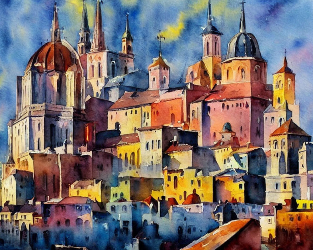 Colorful Watercolor Painting of Buildings with Domes and Spires