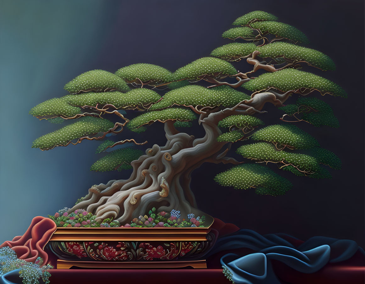 Detailed Bonsai Tree in Red Pot with Draped Fabrics