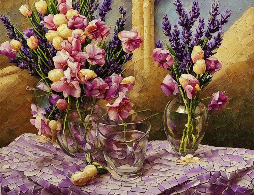 Pink and Purple Flowers in Glass Vases Still-Life Painting