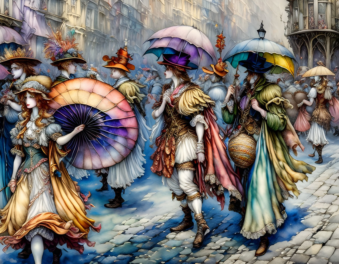 Colorful masquerade illustration with elegantly dressed figures and umbrellas on cobblestone street.