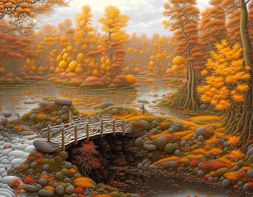 Vibrant orange trees by calm lake in autumnal fantasy landscape