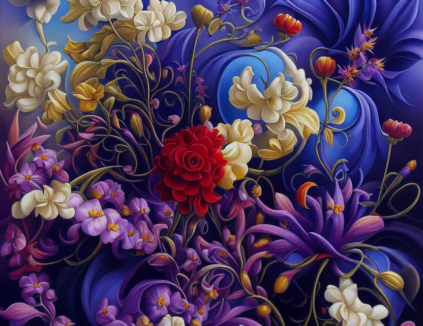 Colorful Stylized Flower Painting in Purple, Blue, and Red