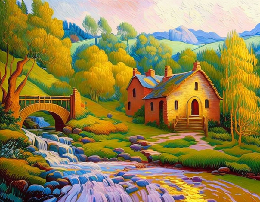 Scenic painting of stone house by stream with wooden bridge