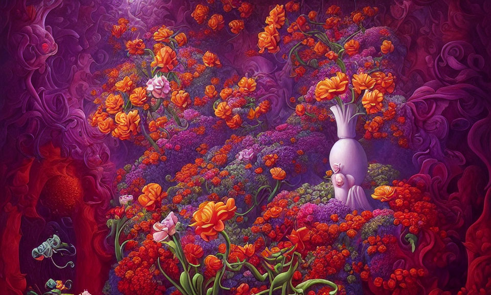 Colorful surreal landscape with purple and orange flora and whimsical character