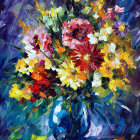 Colorful bouquet painting with red, pink, yellow, and white flowers on dark blue backdrop
