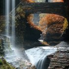 Colorful Autumn Forest Waterfall with Sunlight Filtering through Mist