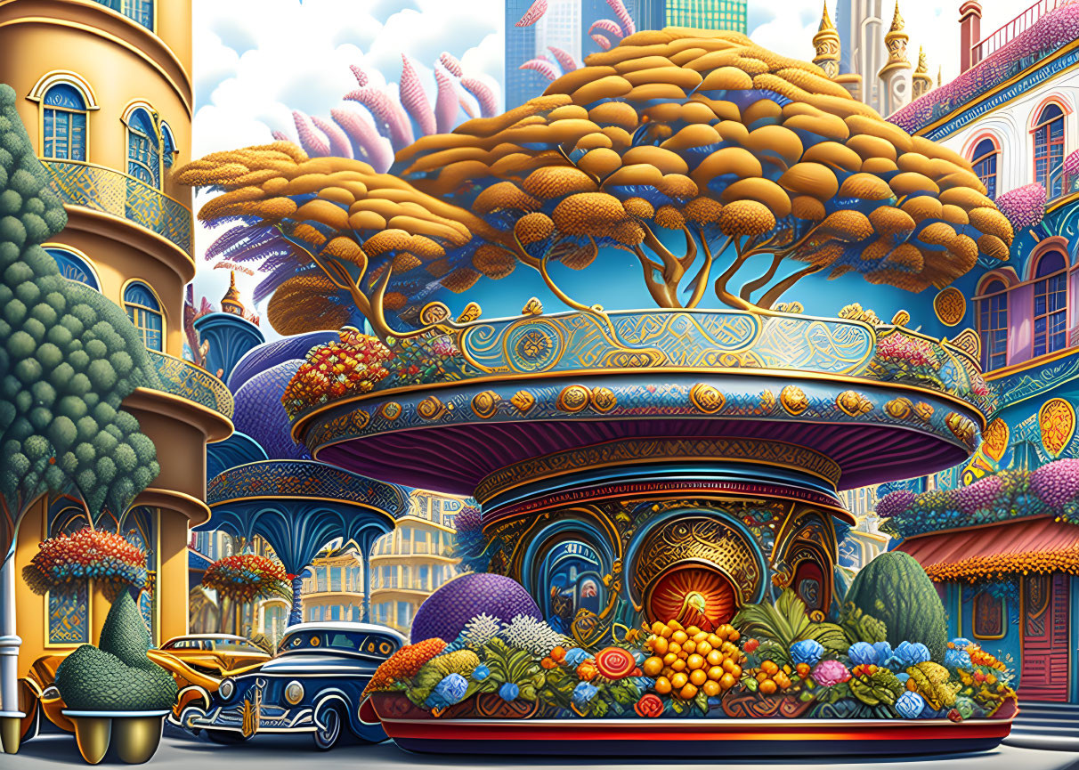Colorful Fruit-Themed Carousel Illustration with Vintage Cars and Whimsical Architecture