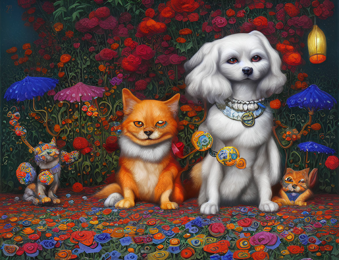 Whimsical white fluffy dog and orange cat with timepiece adornments in colorful floral setting