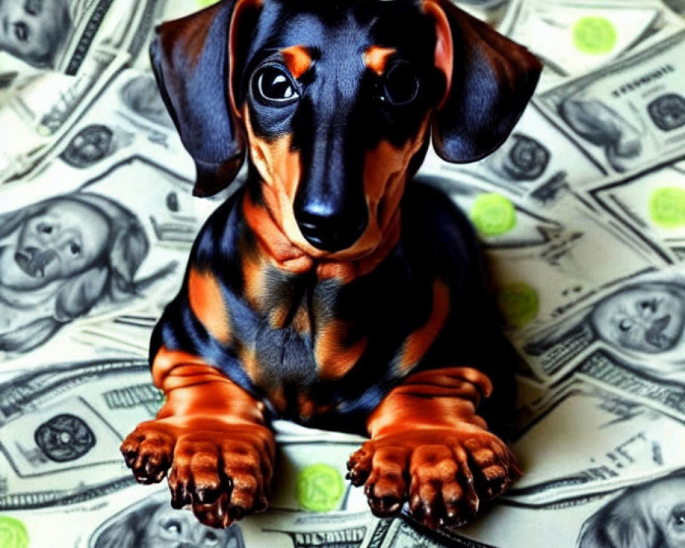 Dachshund sitting on US dollar bills with glossy coat