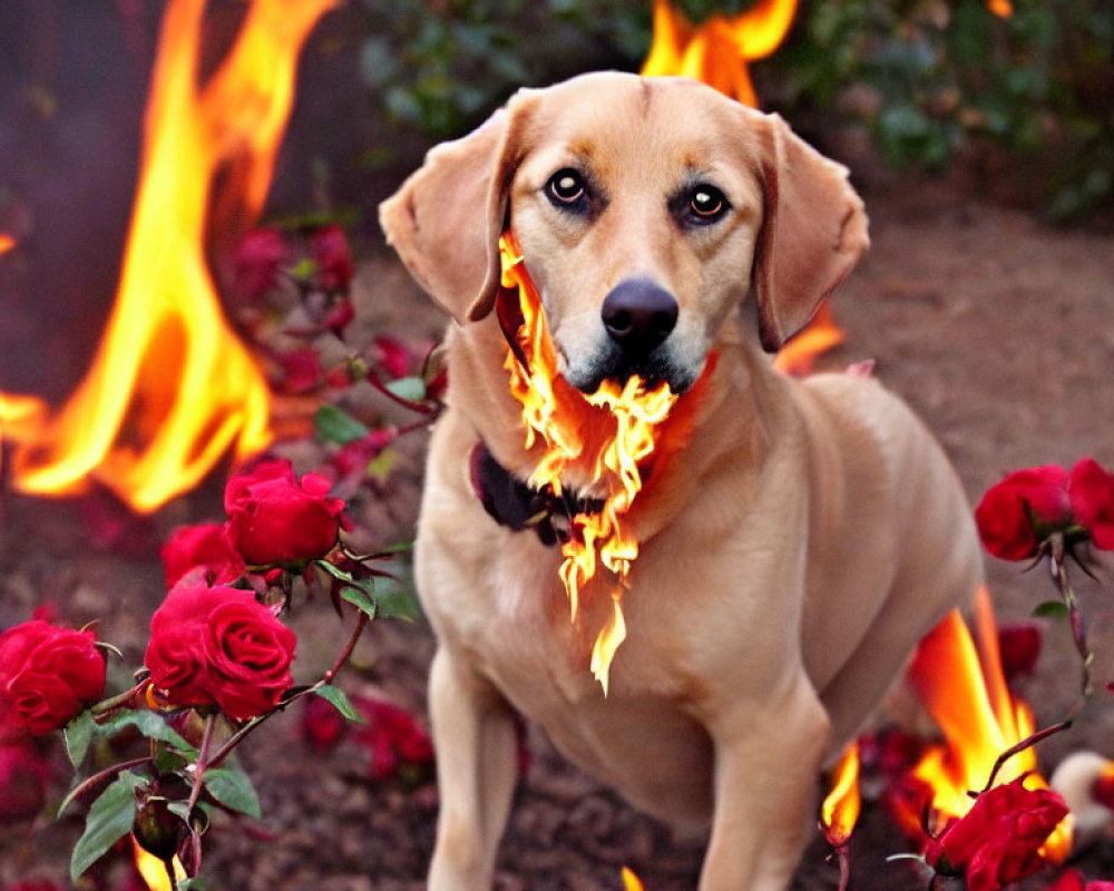 Golden dog in rose garden with flames - surreal digital art
