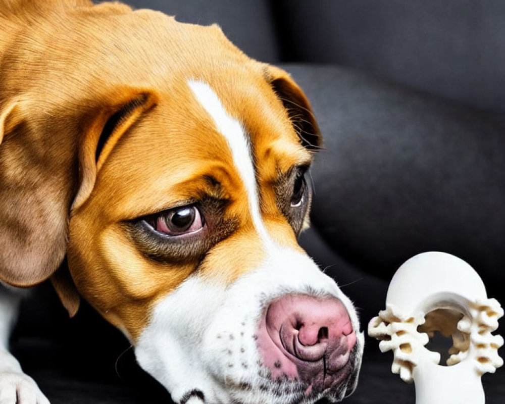 Brown and White Dog Examining Toy Bone on Dark Background