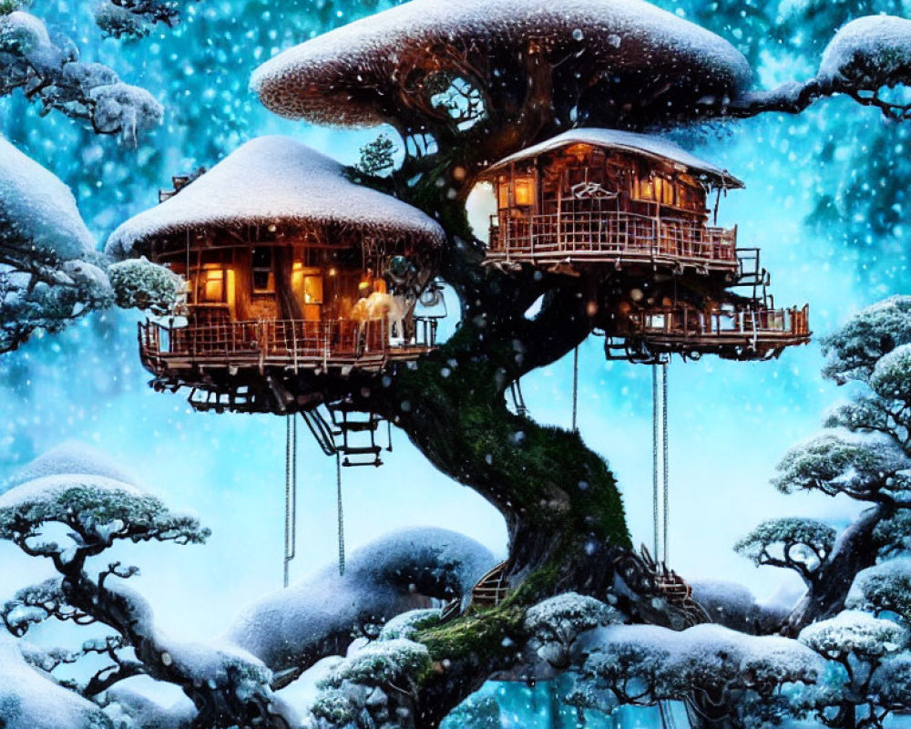 Snow-covered treehouse with lit windows in serene winter forest