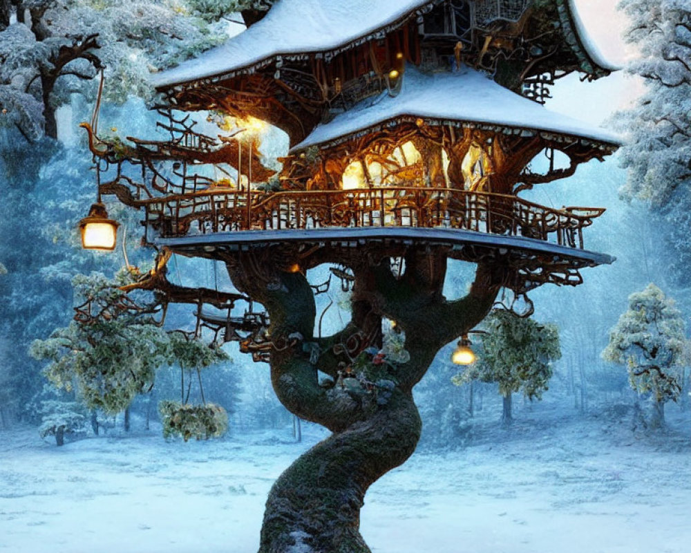Snow-covered treehouse with glowing windows and lanterns in winter landscape