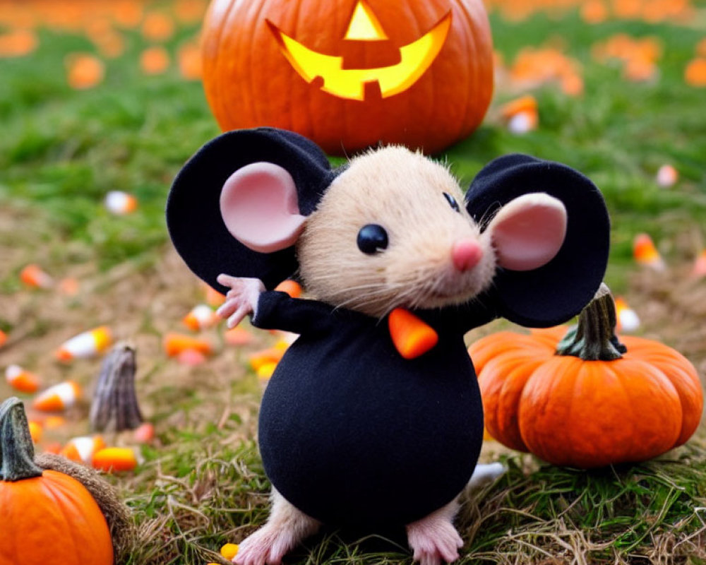 Adorable mouse in black outfit with jack-o'-lantern and candy corn on grass