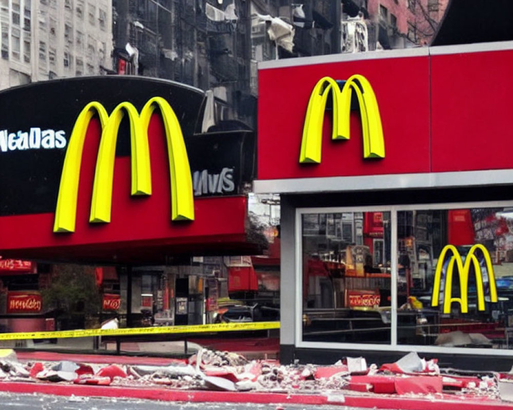 Damaged McDonald's restaurant with scattered debris.