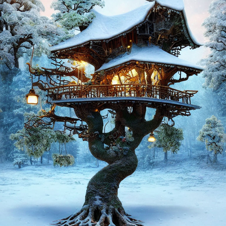 Snow-covered treehouse with glowing windows and lanterns in winter landscape