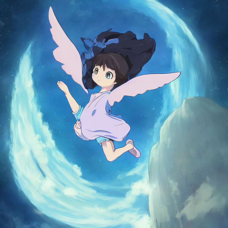 Animated character with wings in blue dress and bow flying in starry sky with large moon