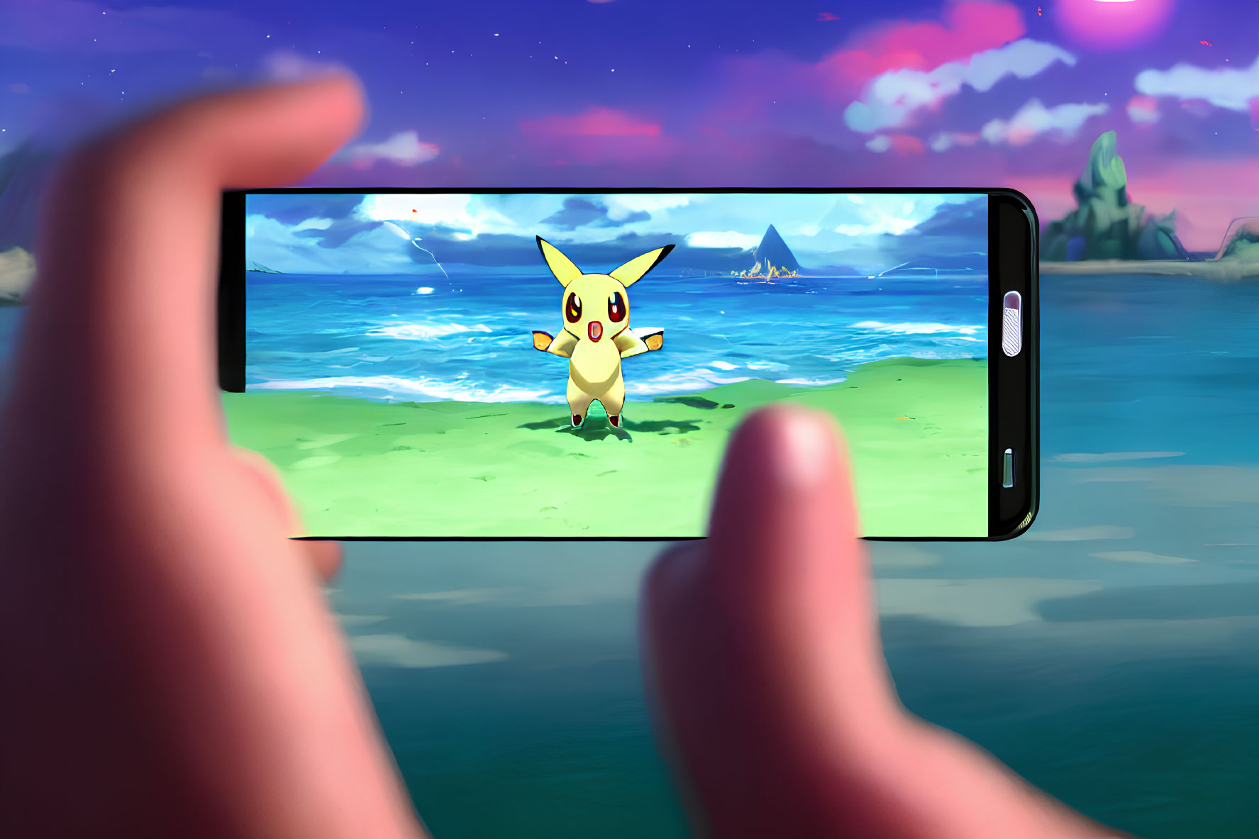 Augmented Reality Game: Pikachu on Beach at Twilight