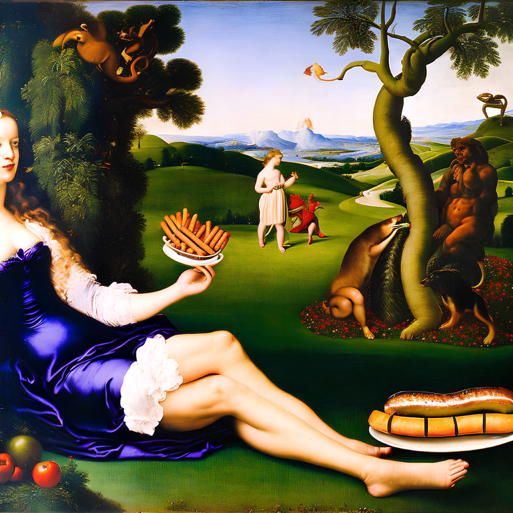 Surreal painting of woman with hot dog platter among anthropomorphic elements
