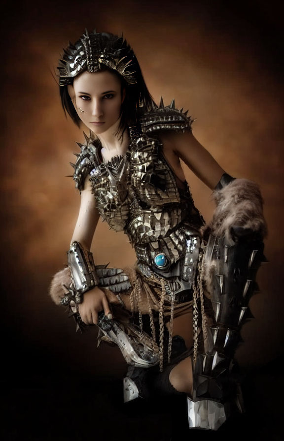 Fantasy armor woman with metallic spikes and fur accents on warm-toned backdrop