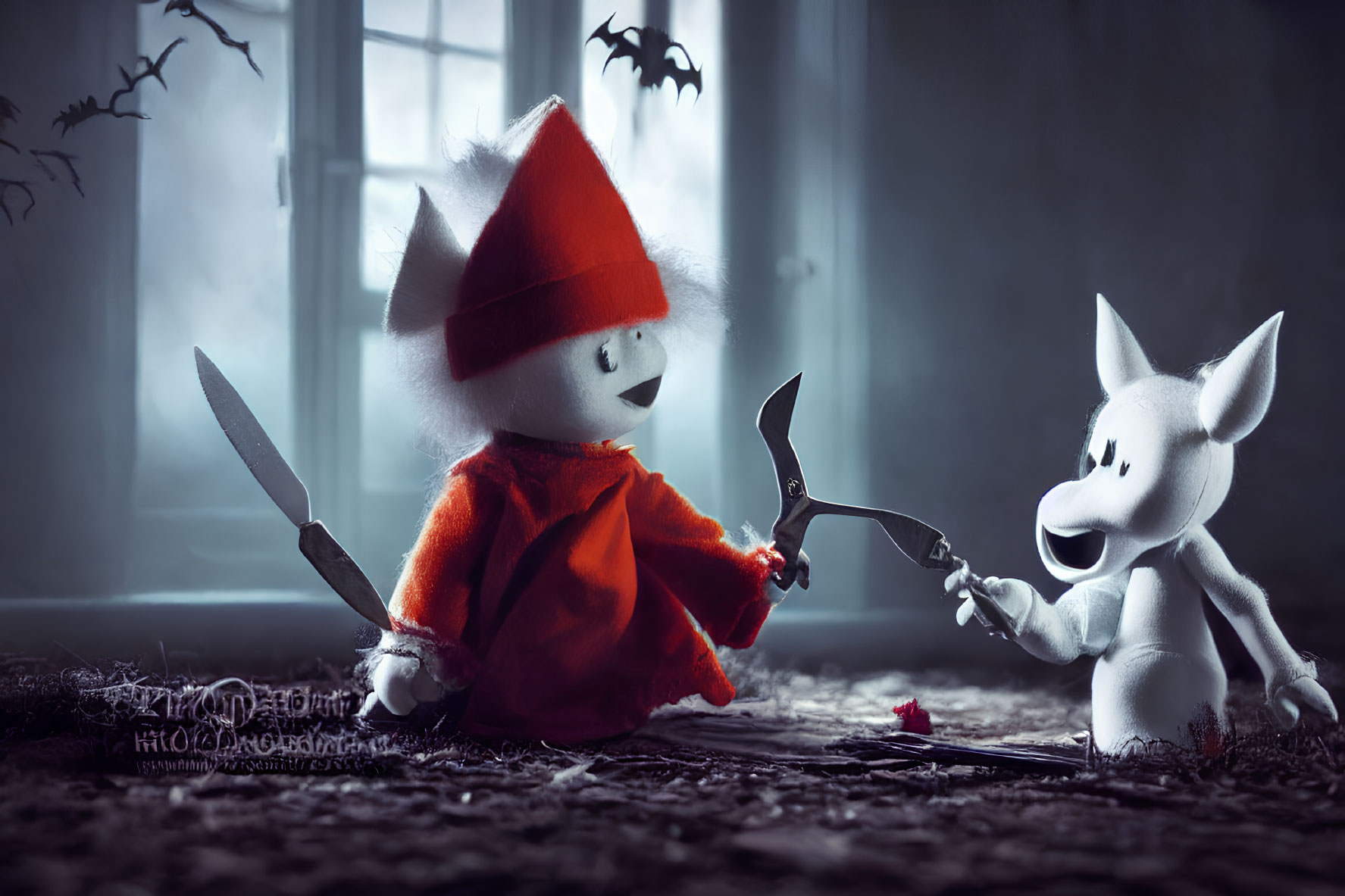 Plush toys in red cloak with knife and white ghost with scissors in spooky room with flying bat sil