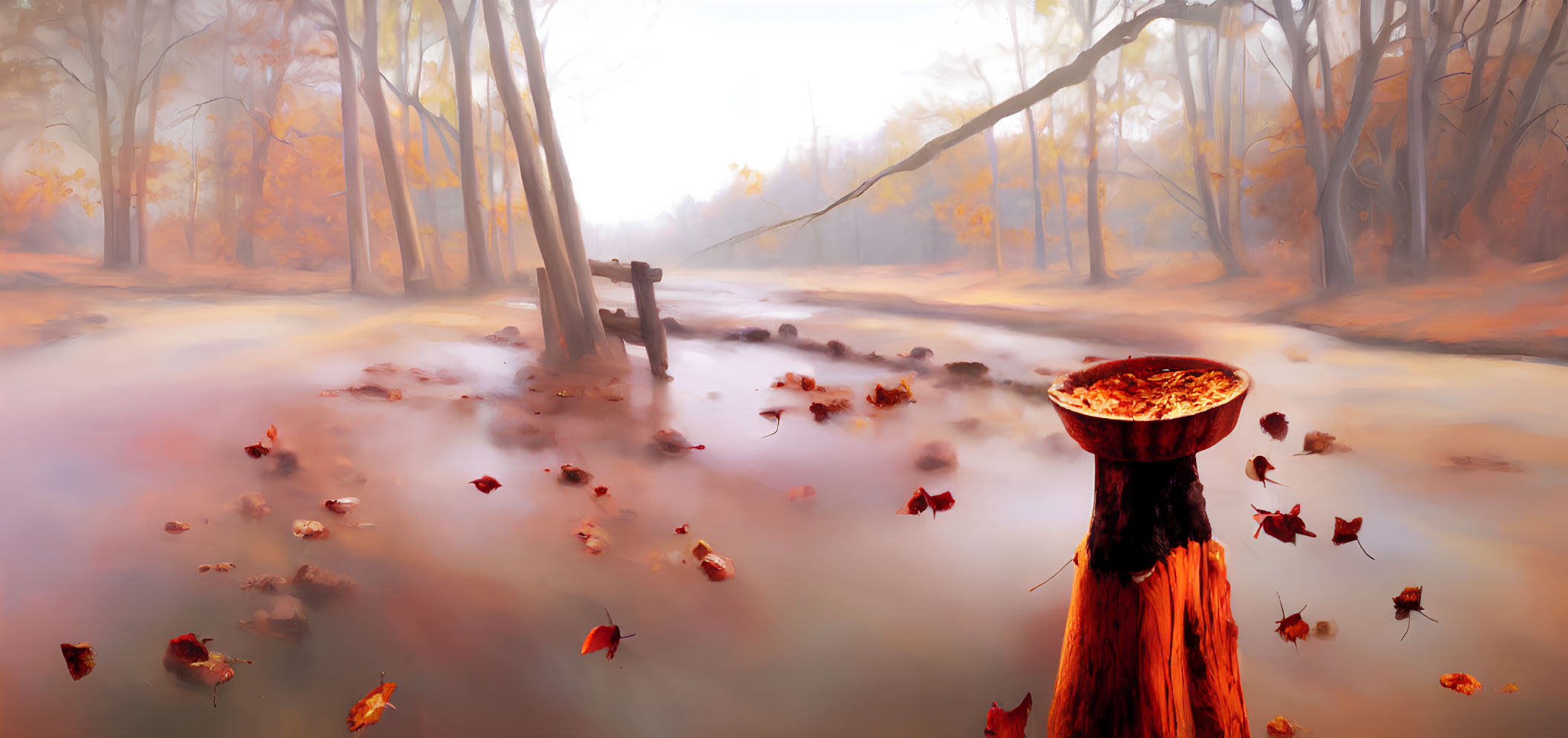 Tranquil autumn forest with fog, stream, and birdseed stump