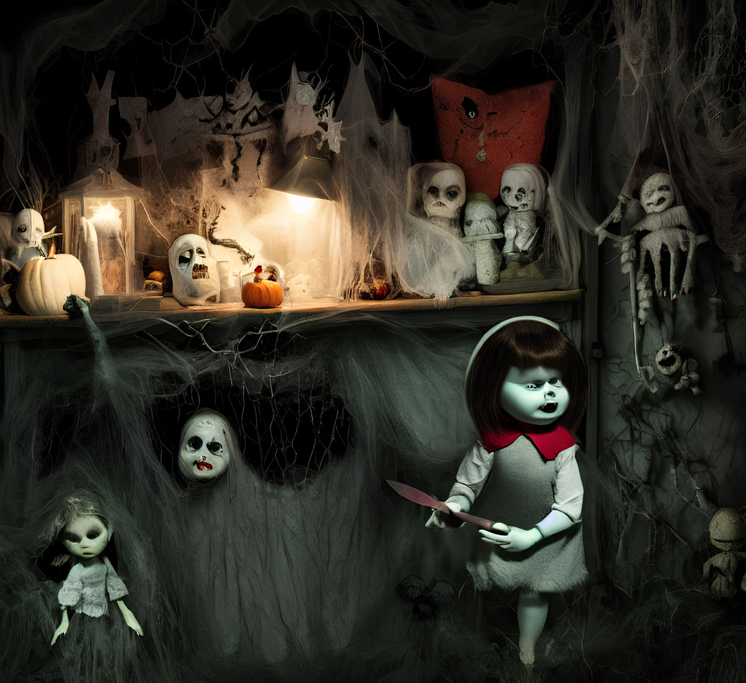 Creepy Halloween scene with dolls, pumpkins, skulls, and knife-wielding figure