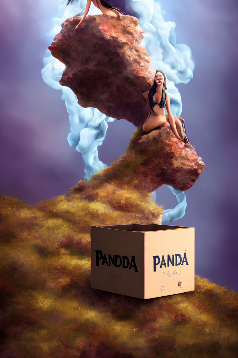 Person sitting on floating rock above "PANDA" cardboard box with swirling clouds