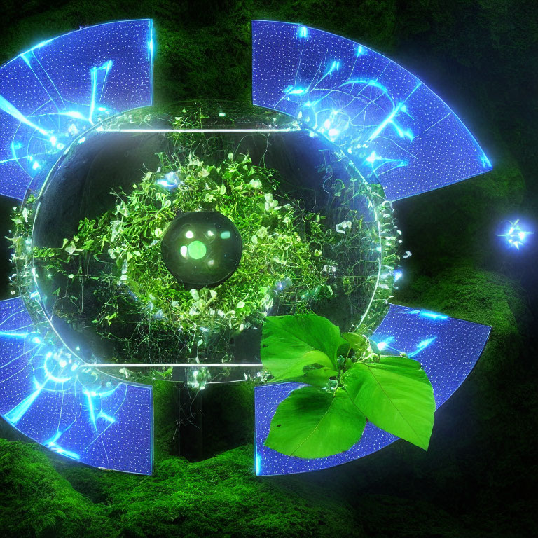 Colorful digital artwork: Spherical core with green foliage and blue technology in circular frame