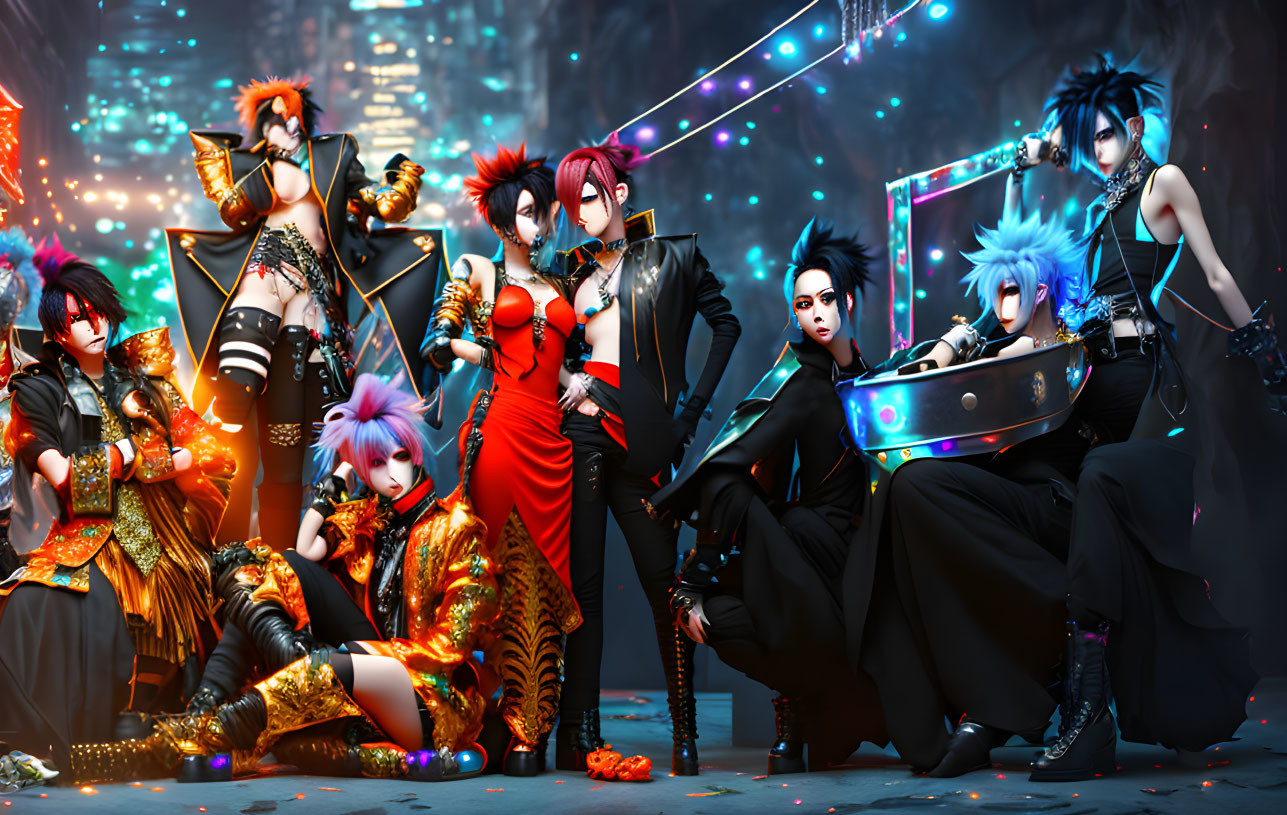 Stylized Animated Characters in Fashionable Outfits Against Neon Urban Backdrop