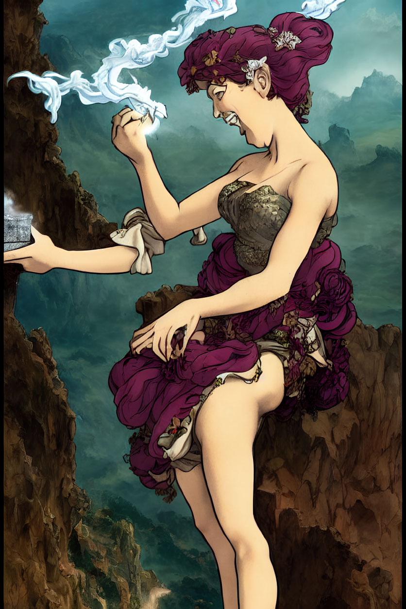 Illustrated woman in purple dress on cliff with magic swirls.