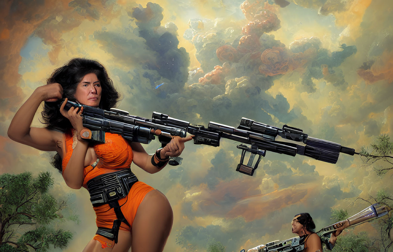 Woman in orange outfit with futuristic rifle against dramatic sky & distant figure