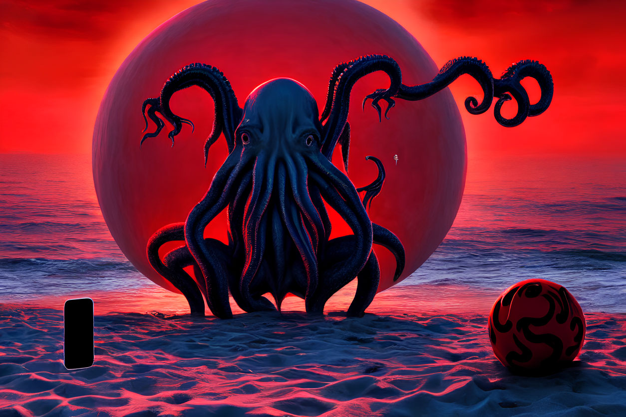 Giant octopus on beach at sunset with red and patterned spheres