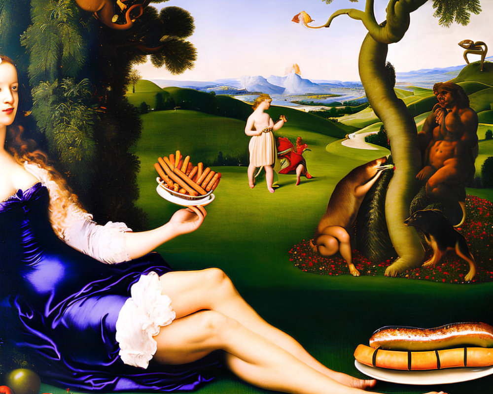 Surreal painting of woman with hot dog platter among anthropomorphic elements