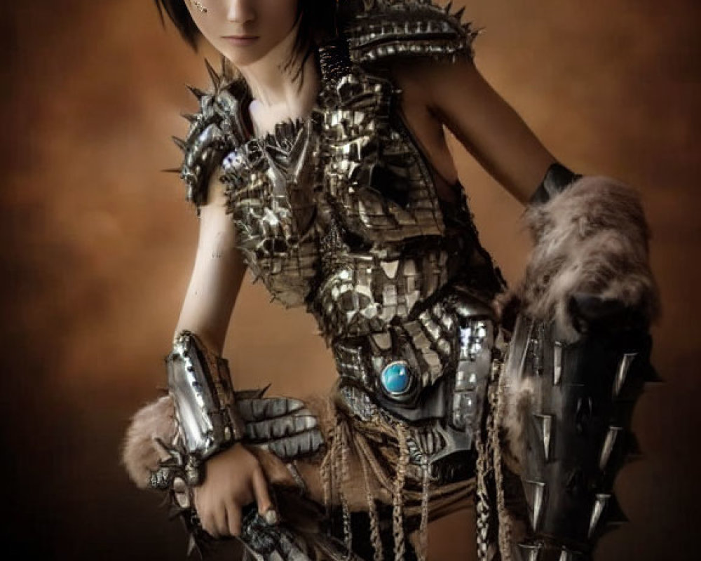 Fantasy armor woman with metallic spikes and fur accents on warm-toned backdrop