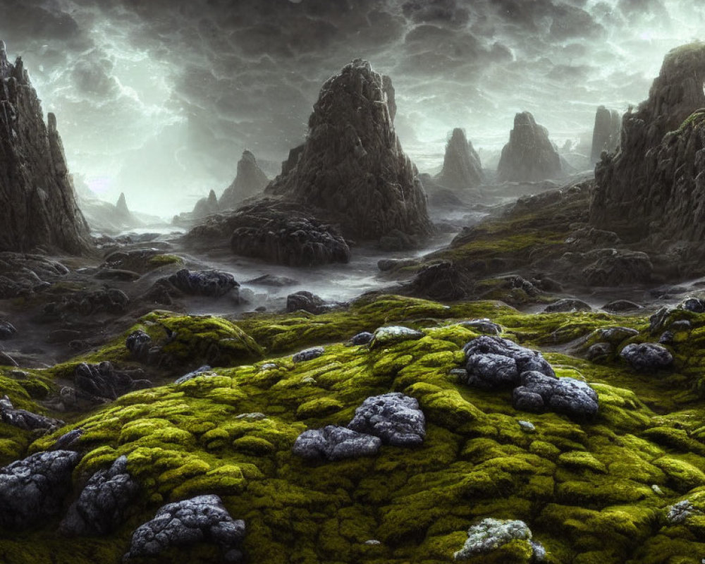 Moss-covered rocks in rugged, misty landscape with jagged peaks