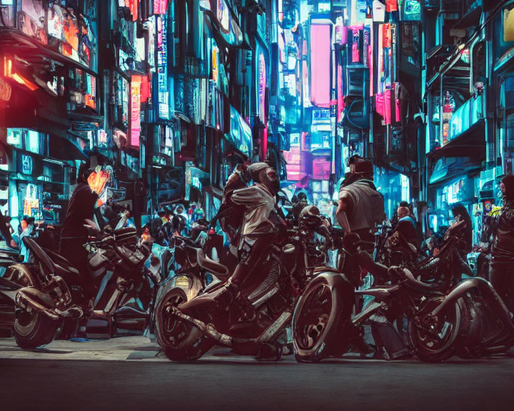 Nighttime scene of motorcyclists on neon-lit city street