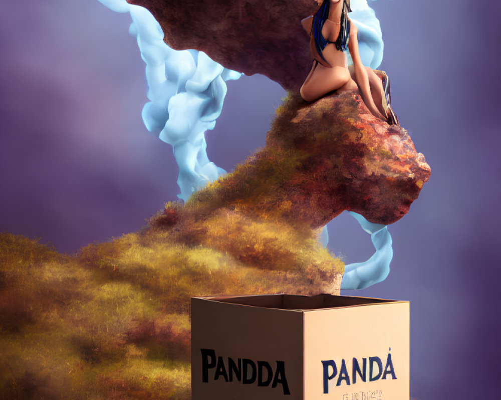Person sitting on floating rock above "PANDA" cardboard box with swirling clouds