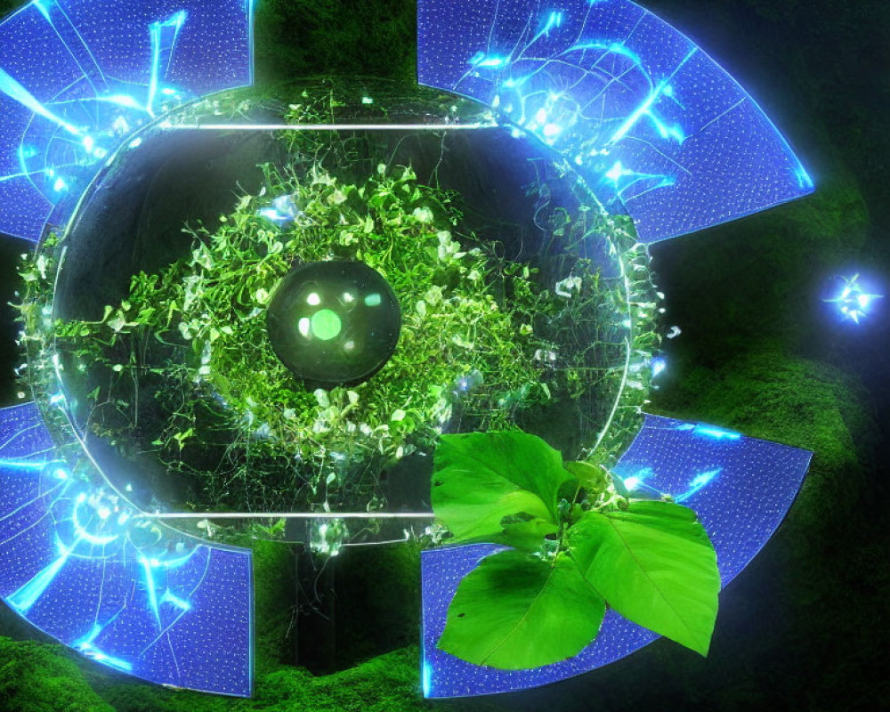 Colorful digital artwork: Spherical core with green foliage and blue technology in circular frame