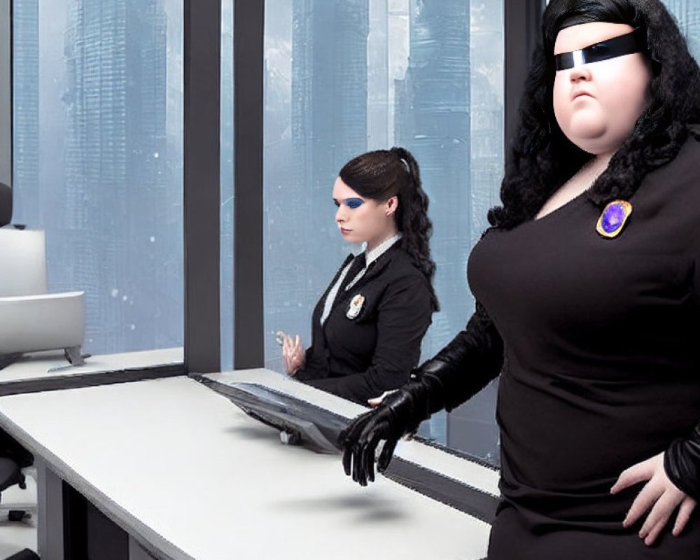 Two women in modern office setting, one at desk with computer, other standing in dark attire
